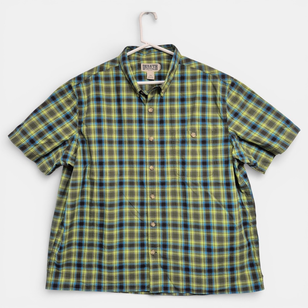 Duluth Trading Co Mens 2XL Relaxed Fit‎ Plaid SS Button Down Shirt Green Work